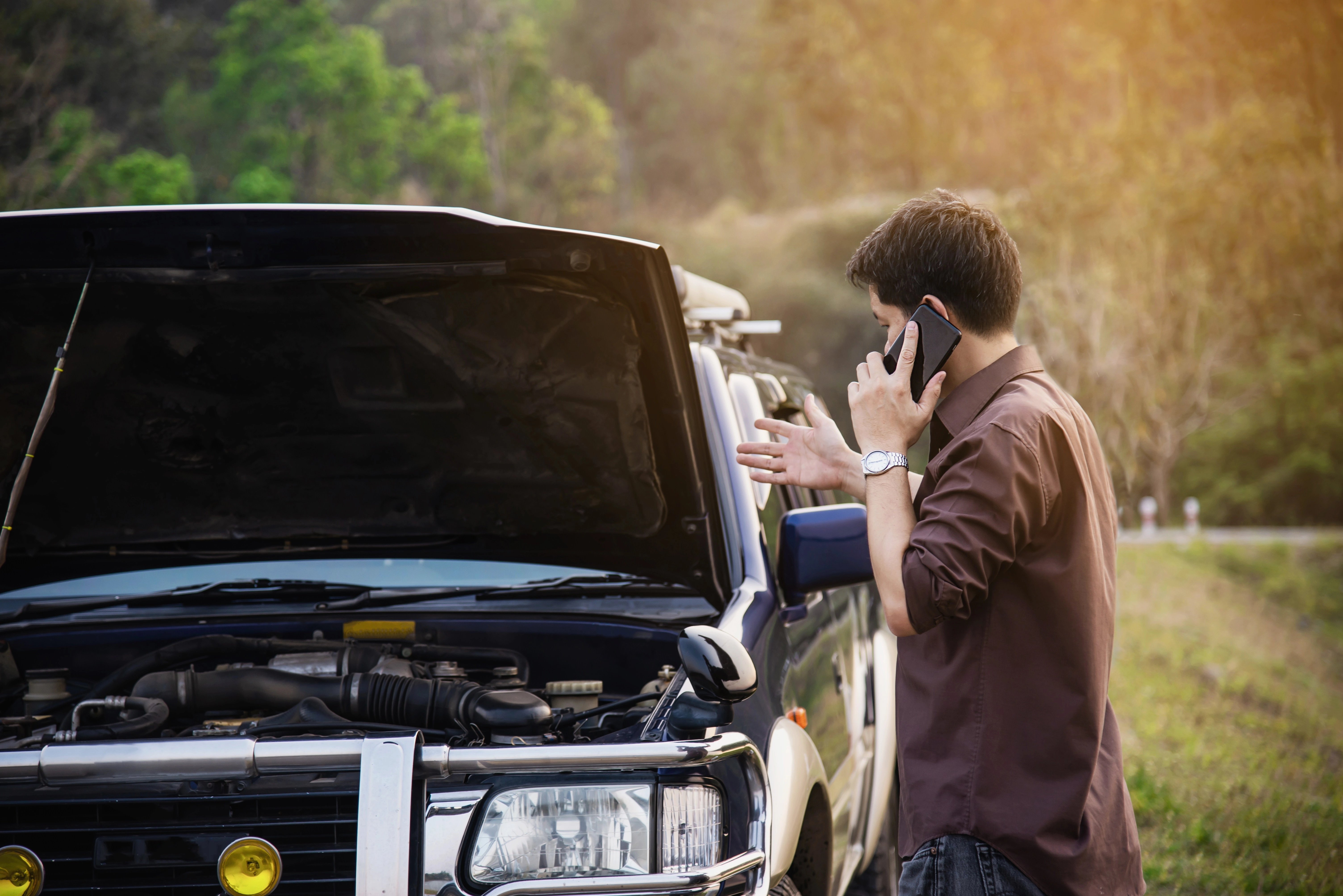 Motorist calling for assistance beside a vehicle with its hood open